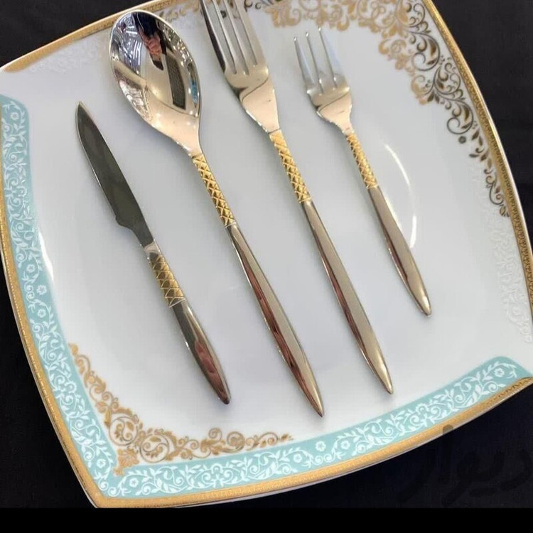 سرویس قاشق چنگال نیمه طلای استیل نگیر 120پارچه دهانه اروپایی (جدید ترین طرح) فروش ویژه