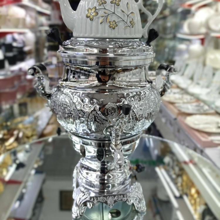 سماور گازی جلایر سه کاره 6 لیتر بدنه برنجی با قوری بدون تنوره (بدنه طرح دار)