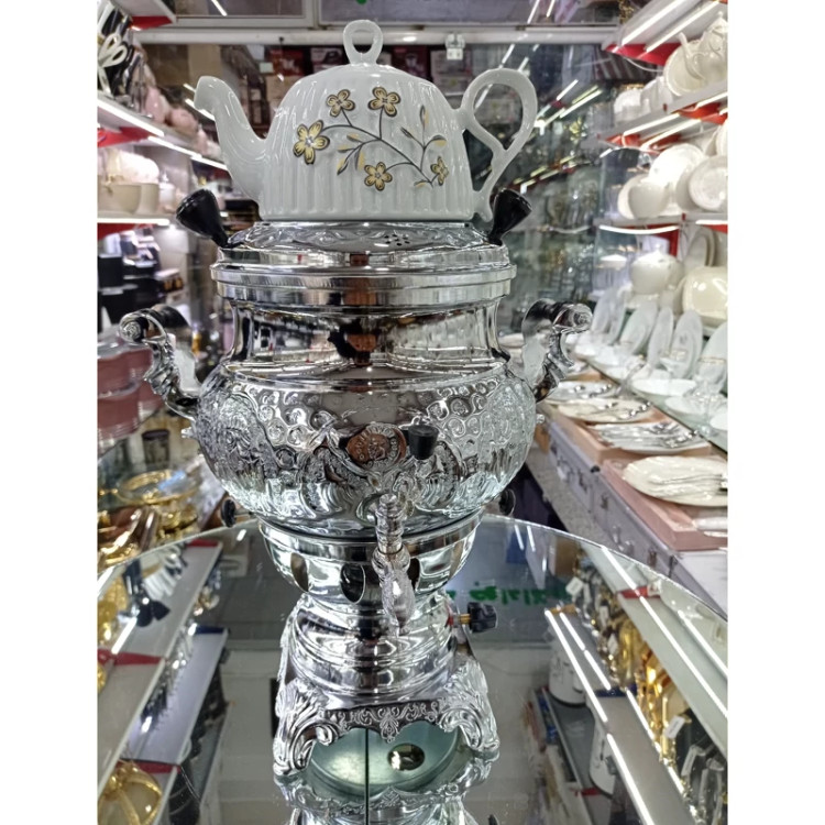 سماور گازی جلایر سه کاره 6 لیتر بدنه برنجی با قوری بدون تنوره (بدنه طرح دار)