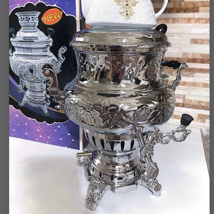 سماور گازی جلایر سه کاره 6 لیتر بدنه برنجی با قوری بدون تنوره (بدنه طرح دار)