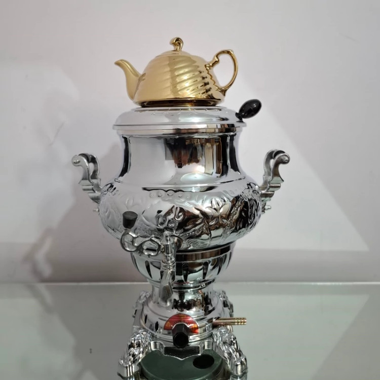 سماور گازی جلایر سه کاره 6 لیتر بدنه برنجی با قوری بدون تنوره (بدنه طرح دار)