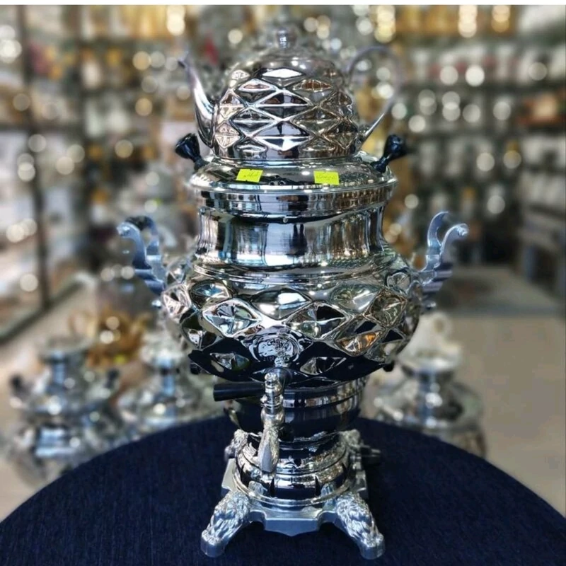 سماور گازی فیلکو سه کاره ورق ضخیم 6لیتر بدنه برنج آبکاری کروم (طرح دار)