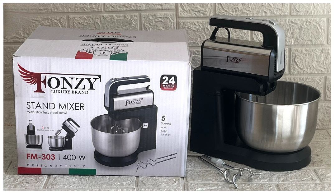 همزن کاسه دار فونزی مدل FM-303 حرفه ای 5سرعته 3 لیتر کاسه چرخشی 400 وات موتور قوری 24 ماه ضمانت شرکتی